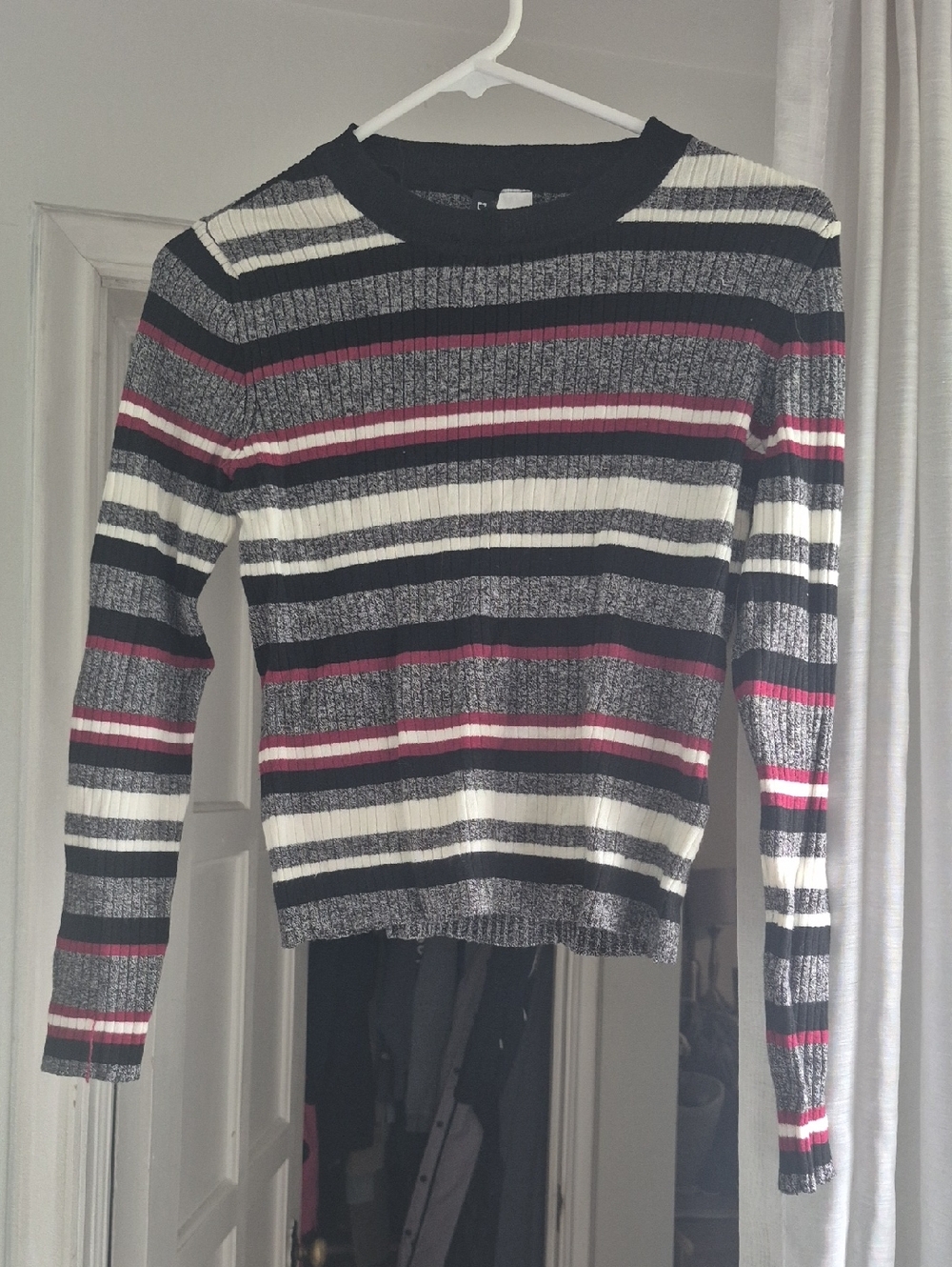 Divided Striped Crewneck Sweater in Black, White & Pink